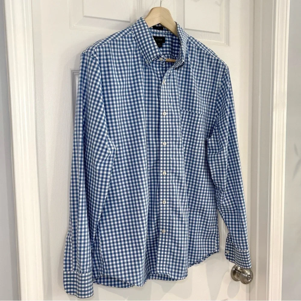 J. Crew Button Up Long Sleeve White Blue Checkered Nautical Shirt Men Sz XL SLIM